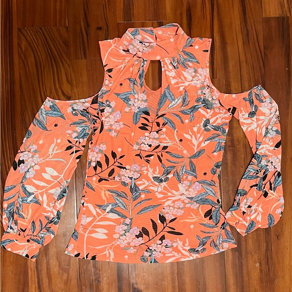 Bebe Orange Mesh Cut out Turtleneck Flowers Floral Top Blouse Size M